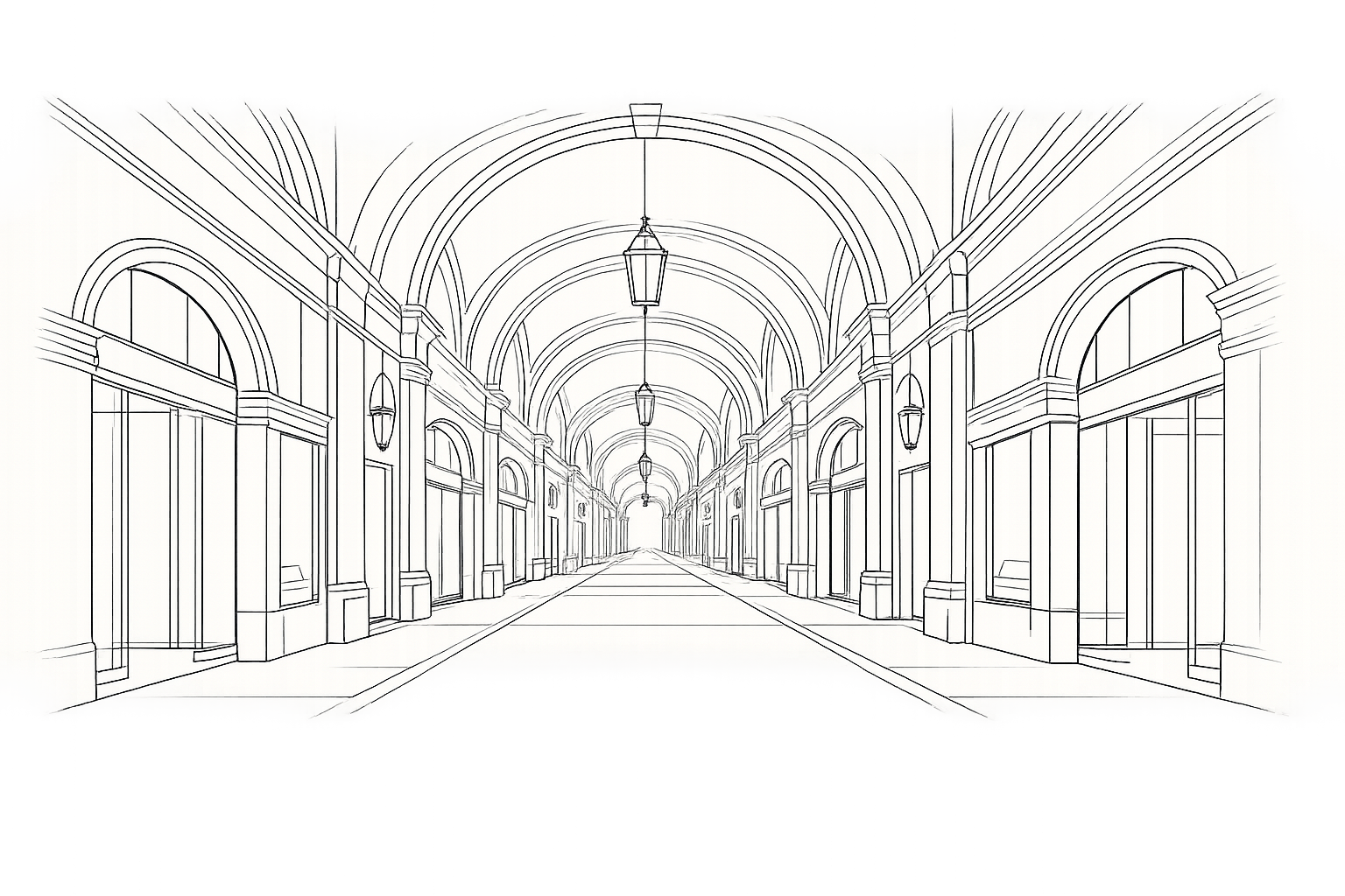 Line illustration of a classical arcade of storefronts